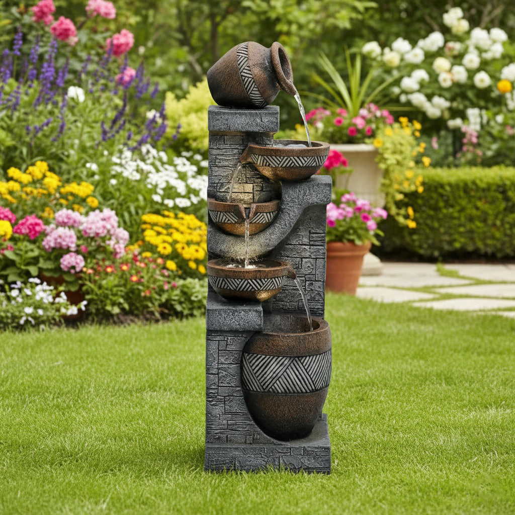 61-Inch Tiered Rustic Jar Outdoor Water Fountain with LED Lights