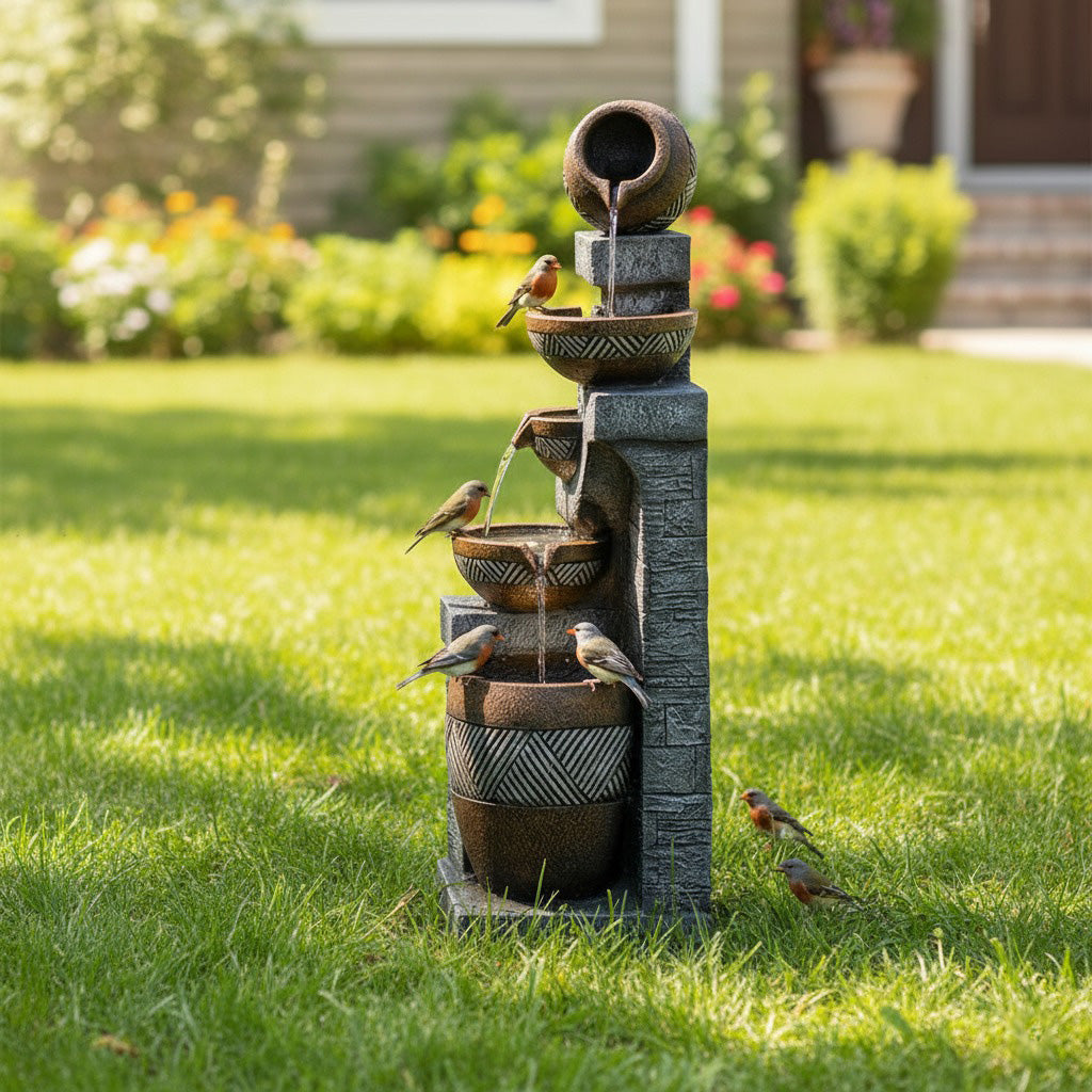 61-Inch Tiered Rustic Jar Outdoor Water Fountain with LED Lights