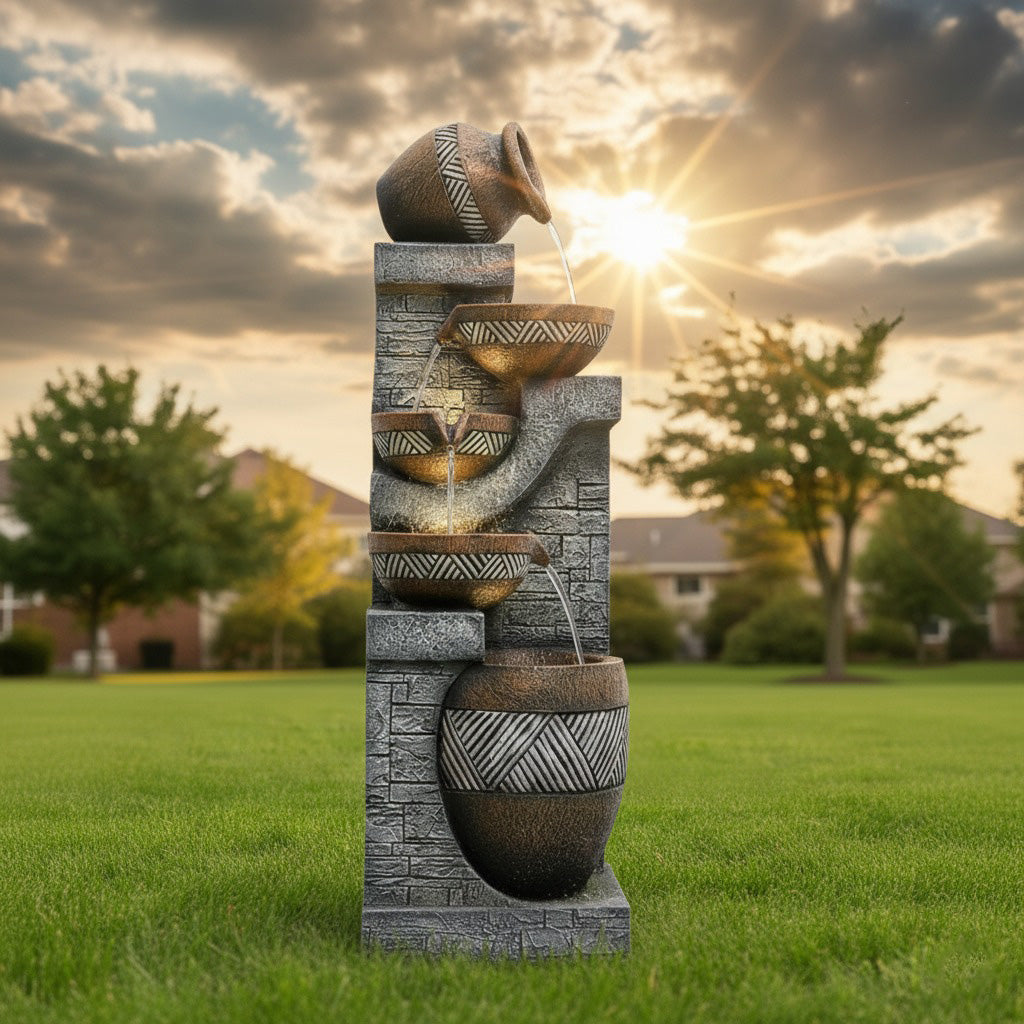 61-Inch Tiered Rustic Jar Outdoor Water Fountain with LED Lights