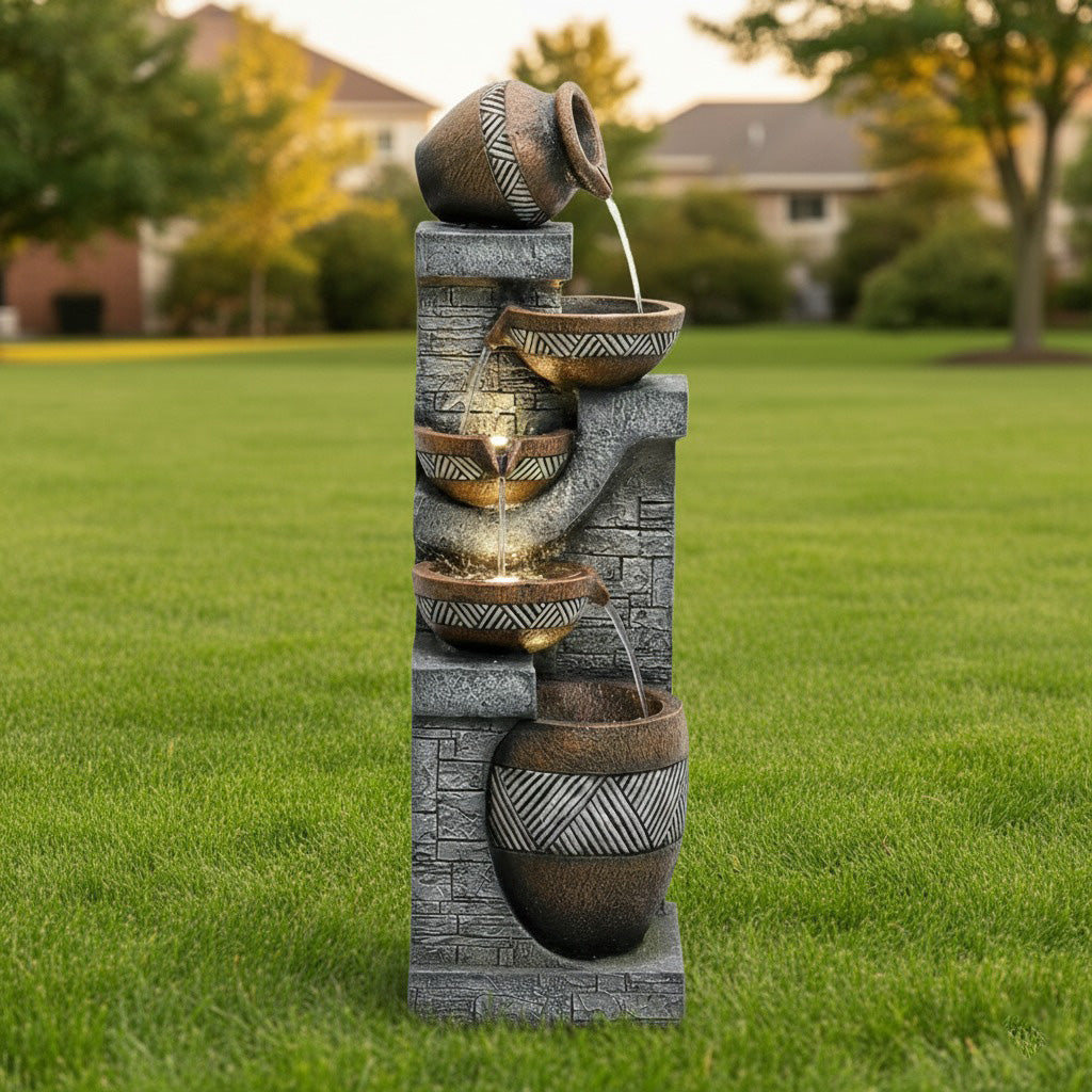 61-Inch Tiered Rustic Jar Outdoor Water Fountain with LED Lights