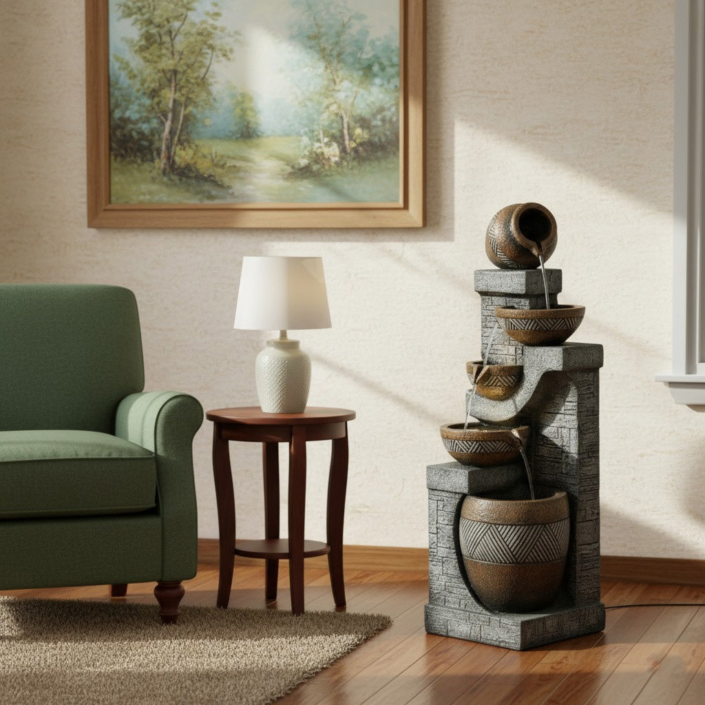 61-Inch Tiered Rustic Jar Outdoor Water Fountain with LED Lights