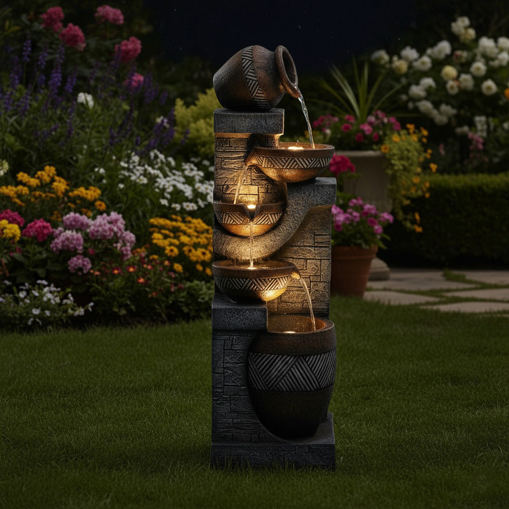 61-Inch Tiered Rustic Jar Outdoor Water Fountain with LED Lights