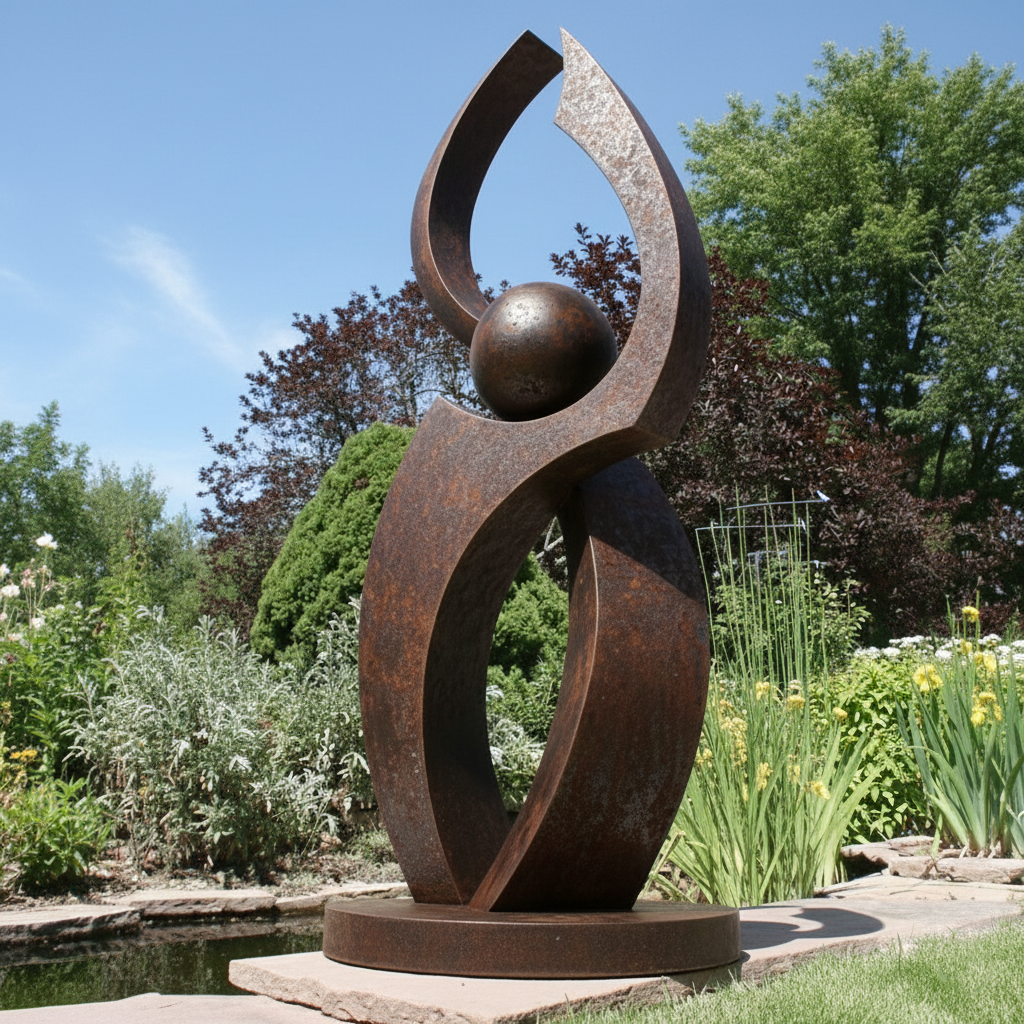 Abstract Orbital Sphere Sculpture - Rustic Garden Art