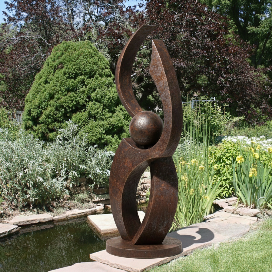 Abstract Orbital Sphere Sculpture - Rustic Garden Art