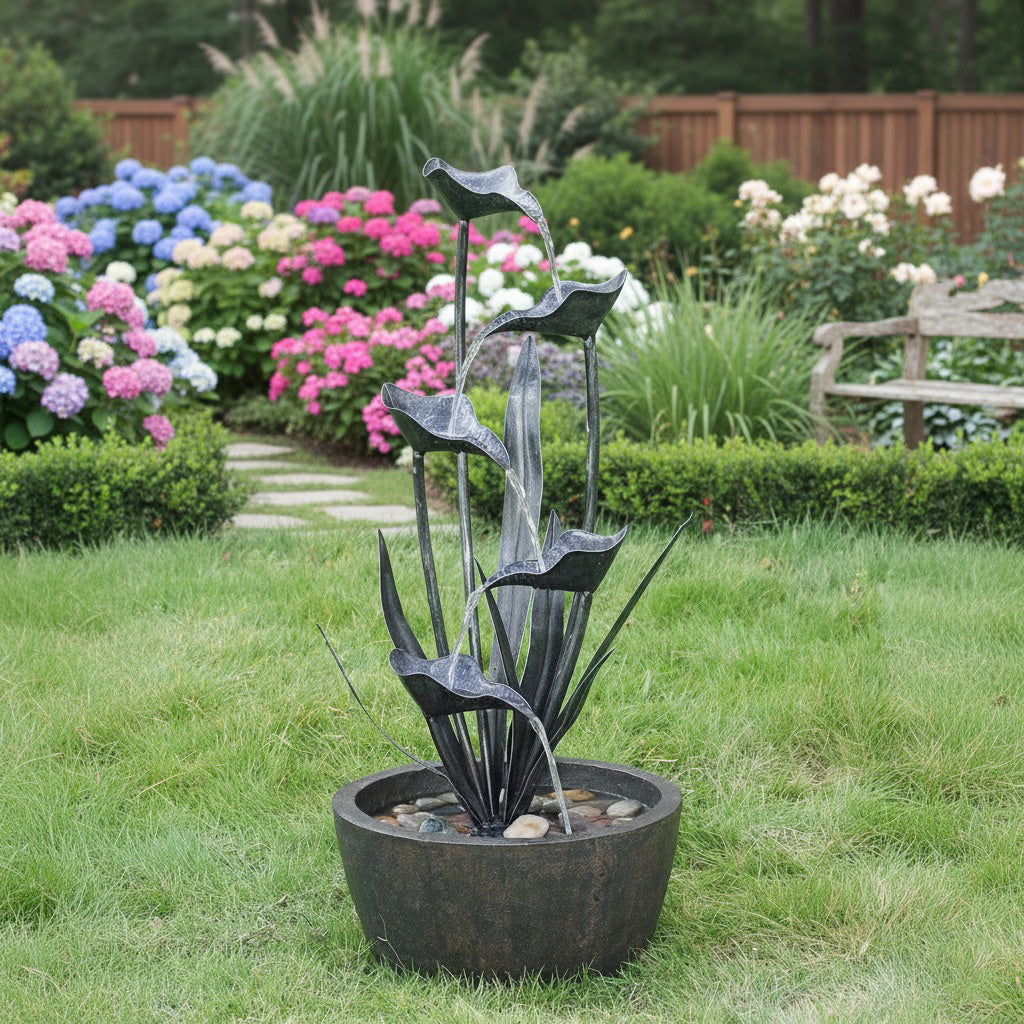 62" Modern Tiered Calla Lily Outdoor Water Fountain with Basin - Gray/Bronze Finish