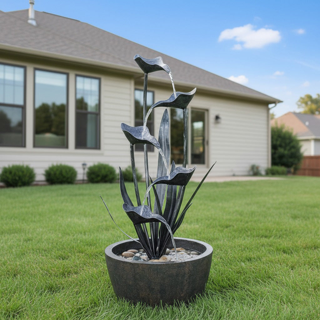62" Modern Tiered Calla Lily Outdoor Water Fountain with Basin - Gray/Bronze Finish