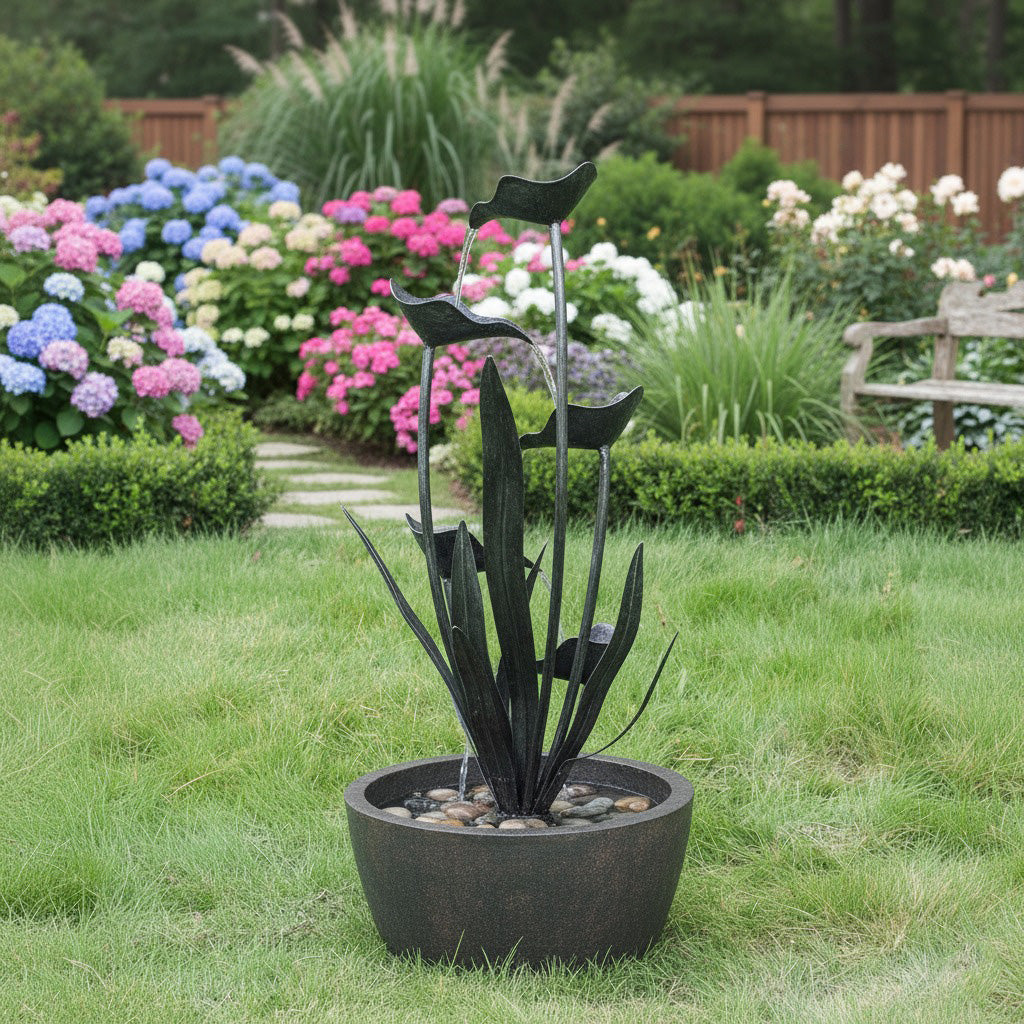 62" Modern Tiered Calla Lily Outdoor Water Fountain with Basin - Gray/Bronze Finish