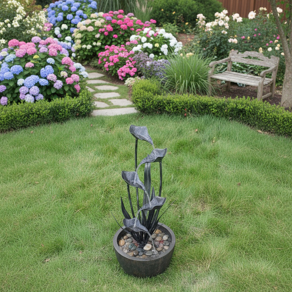 62" Modern Tiered Calla Lily Outdoor Water Fountain with Basin - Gray/Bronze Finish