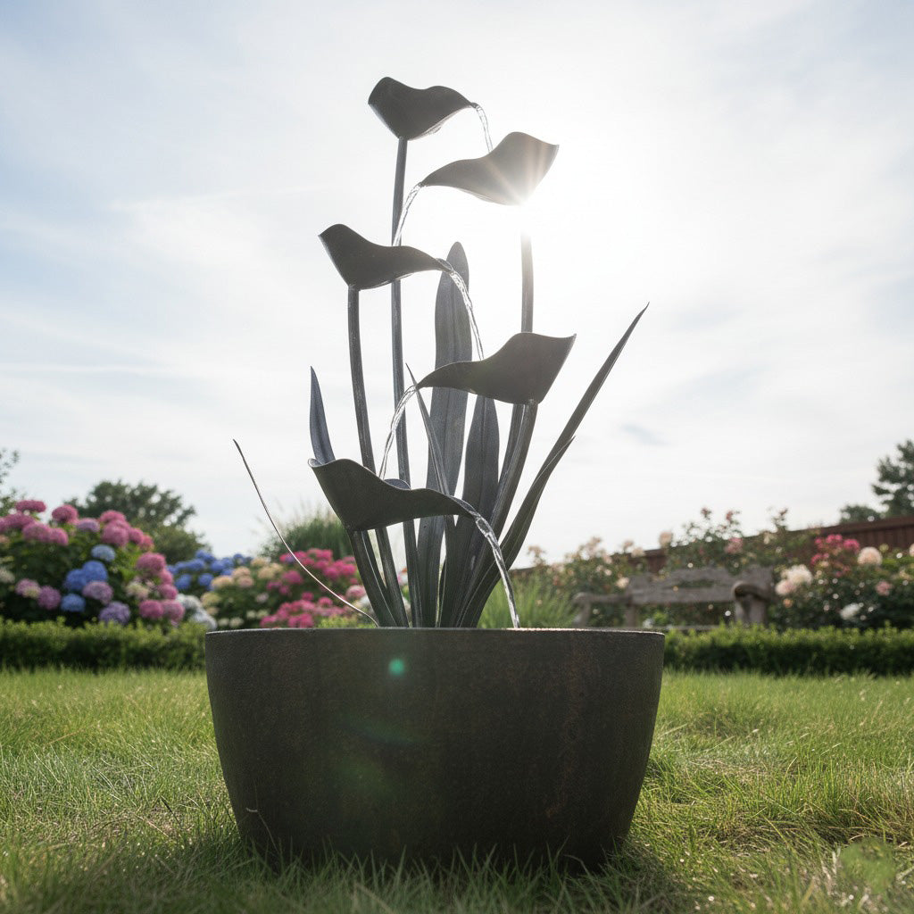 62" Modern Tiered Calla Lily Outdoor Water Fountain with Basin - Gray/Bronze Finish