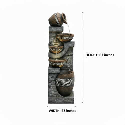 61-Inch Tiered Rustic Jar Outdoor Water Fountain with LED Lights