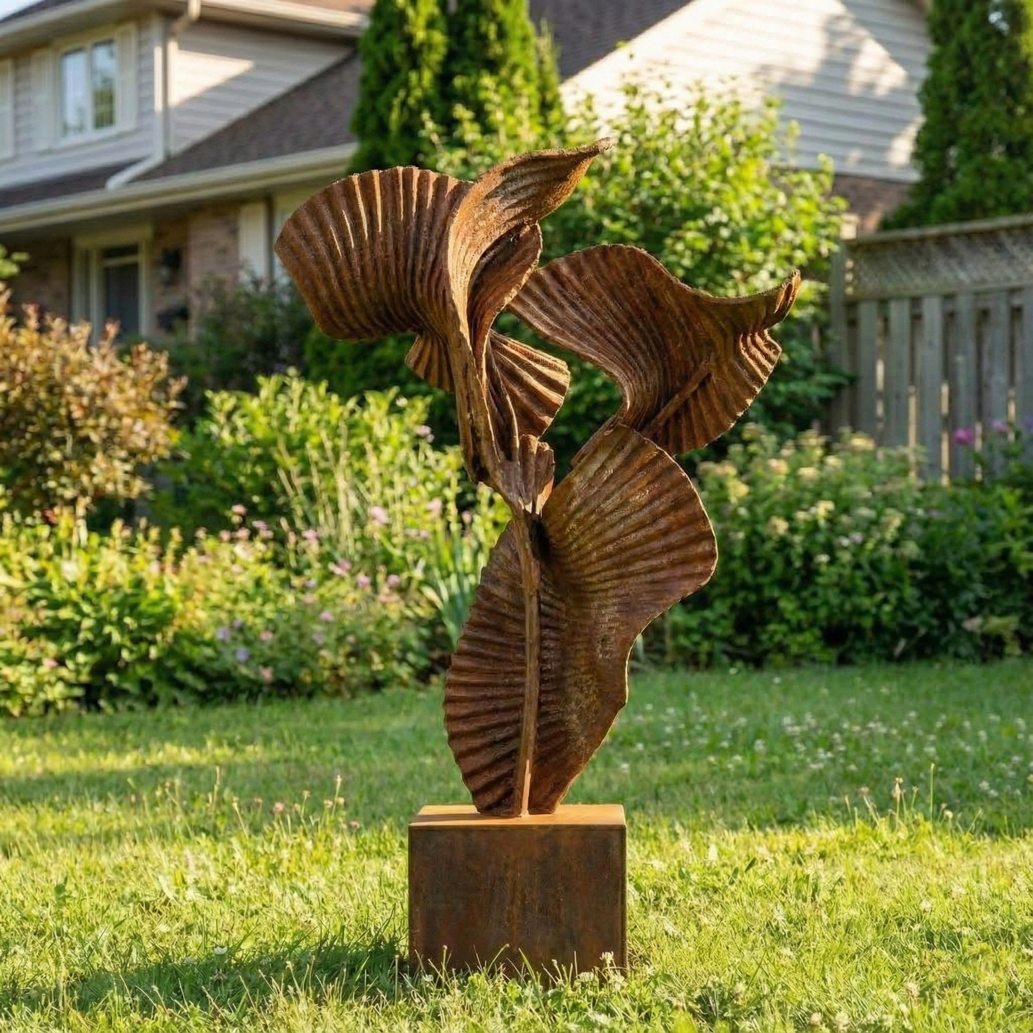 Handcrafted Rustic Iron "Whispering Leaves" Garden Sculpture – 72" Tall Architectural Metal Art