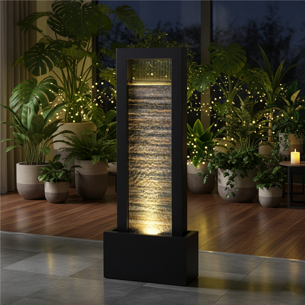 76" Modern Indoor Floor Water Fountain with Slate Face and LED Illumination