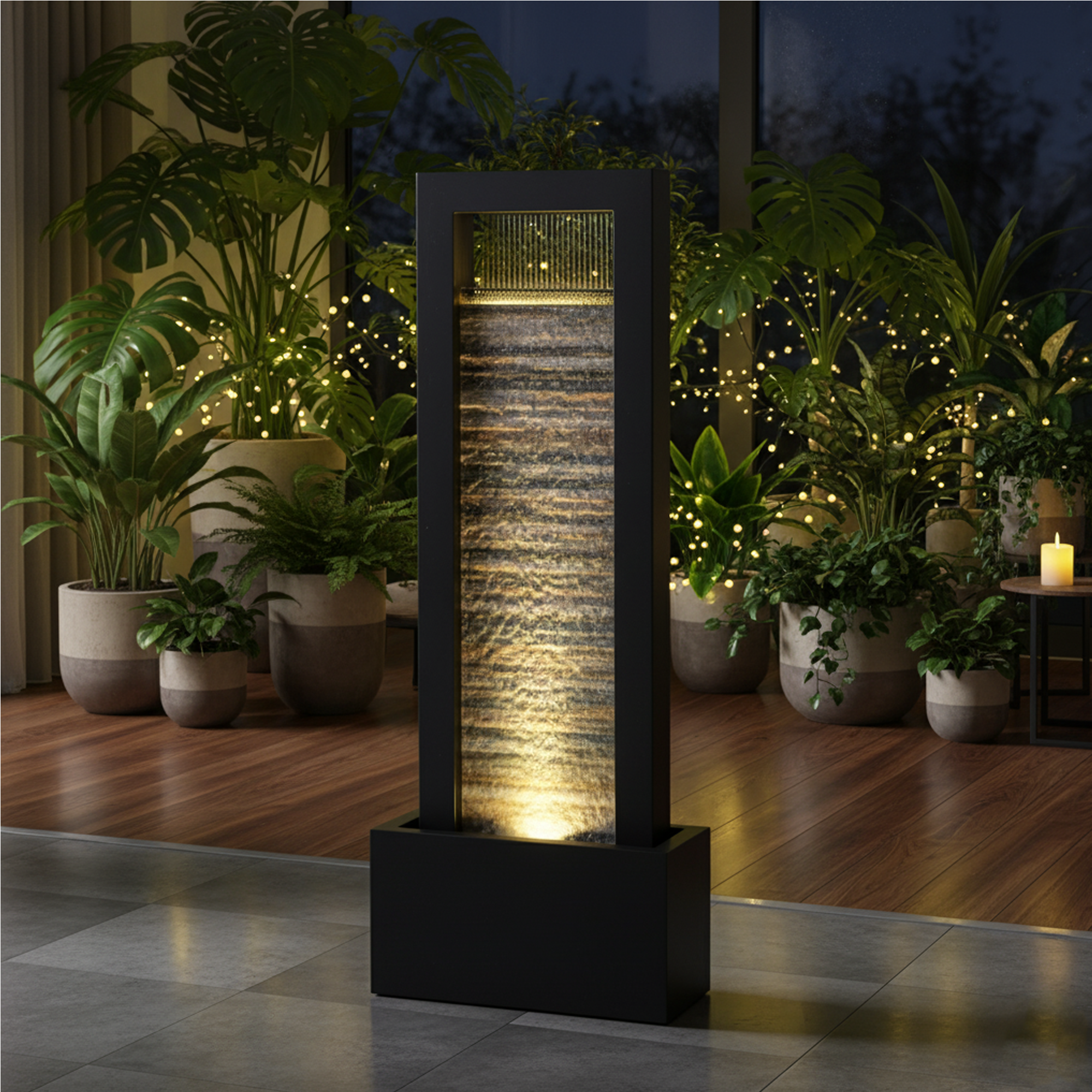 76" Modern Indoor Floor Water Fountain with Slate Face and LED Illumination