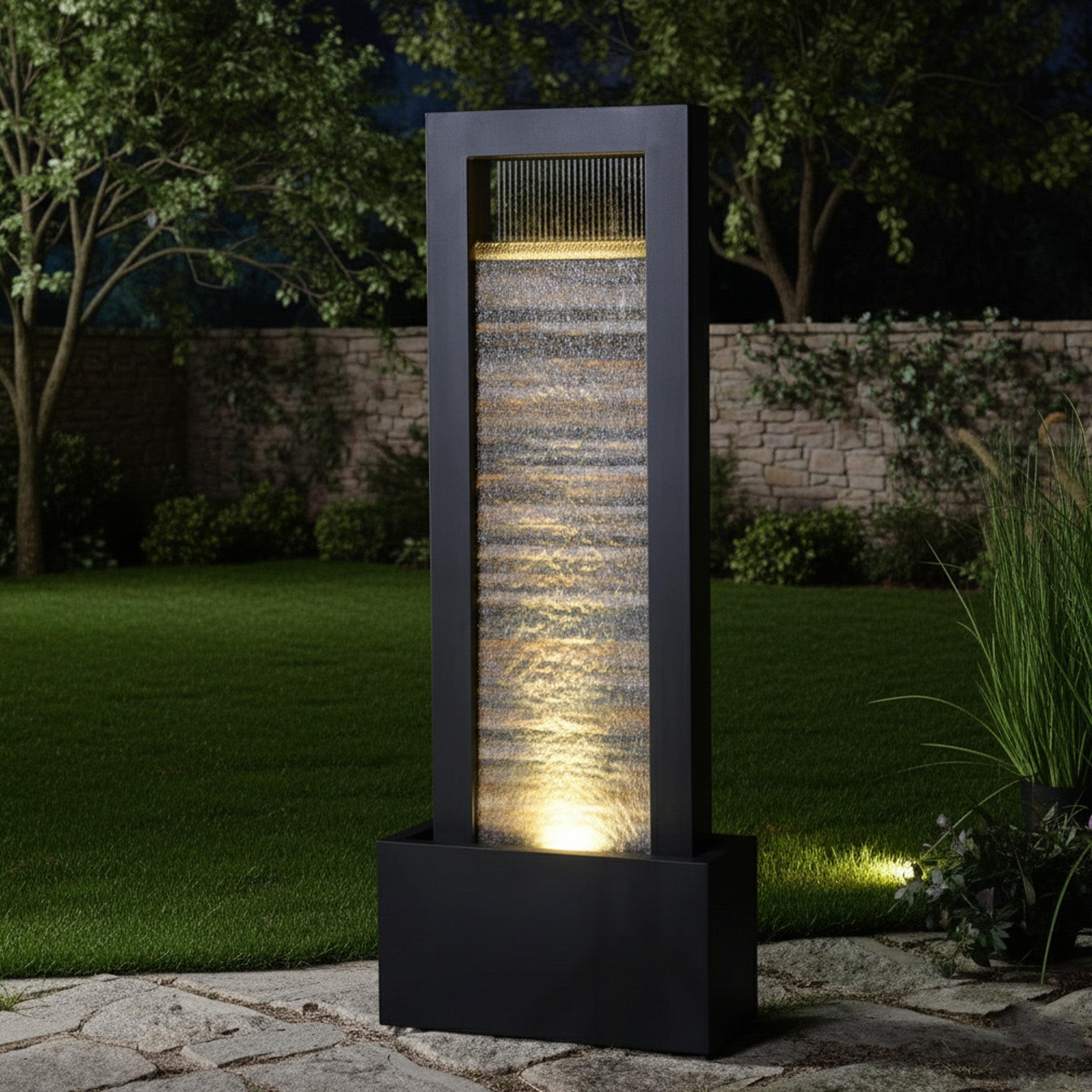 76" Modern Indoor Floor Water Fountain with Slate Face and LED Illumination