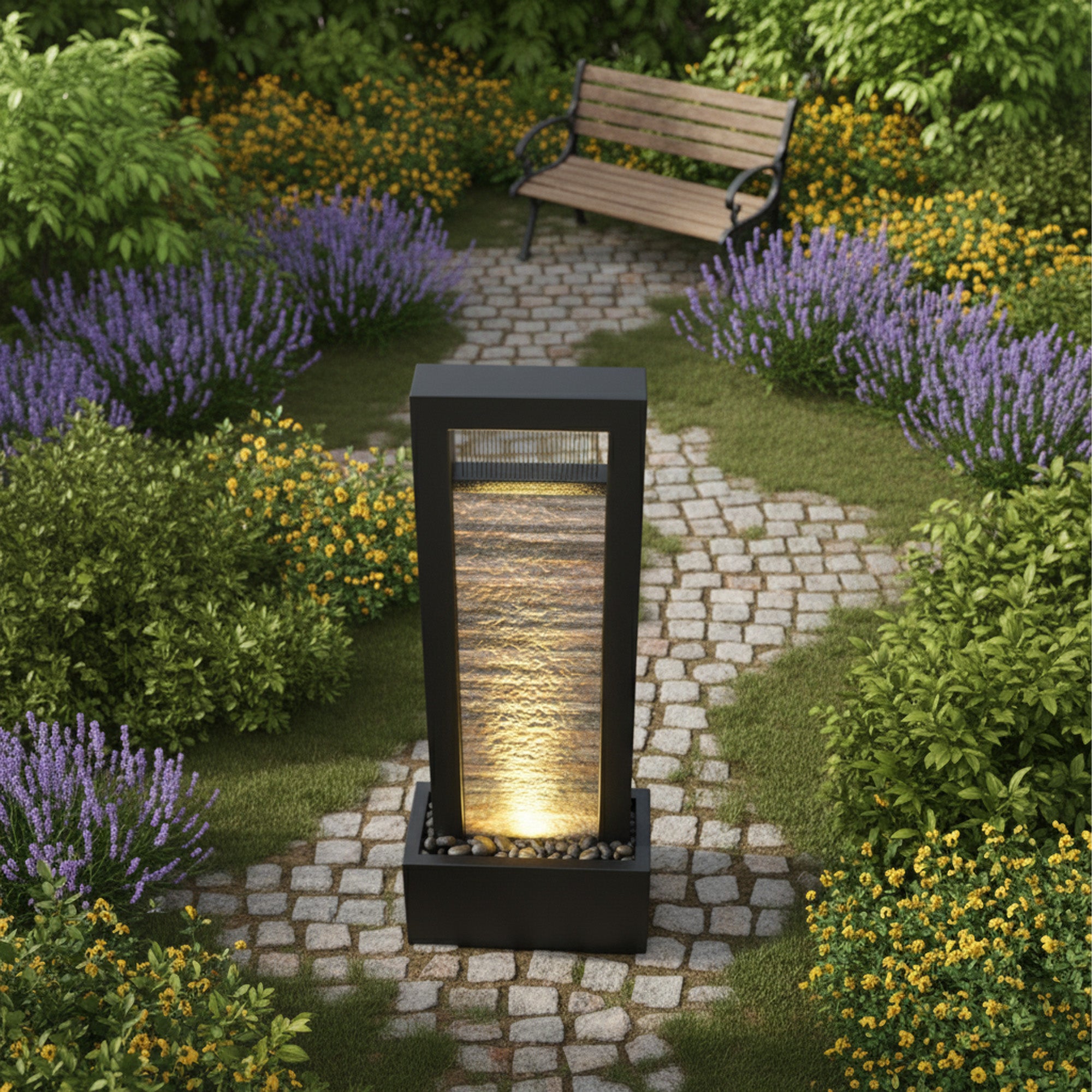 76" Modern Indoor Floor Water Fountain with Slate Face and LED Illumination