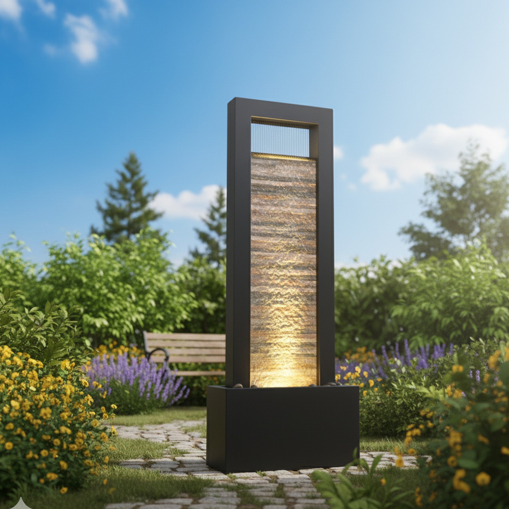 76" Modern Indoor Floor Water Fountain with Slate Face and LED Illumination