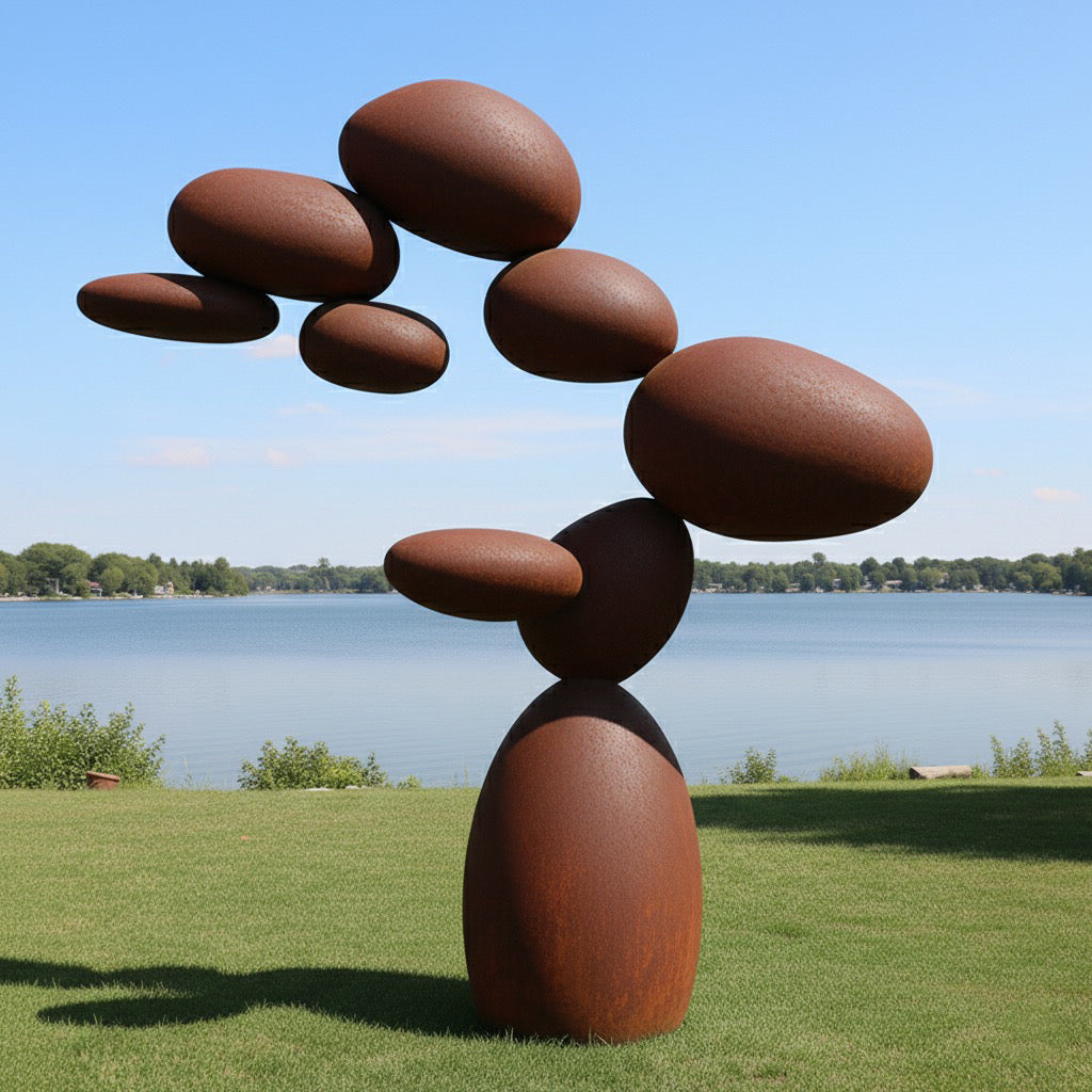 Modern Zen Balanced Stone Garden Sculpture – Large Outdoor Metal Art (93")
